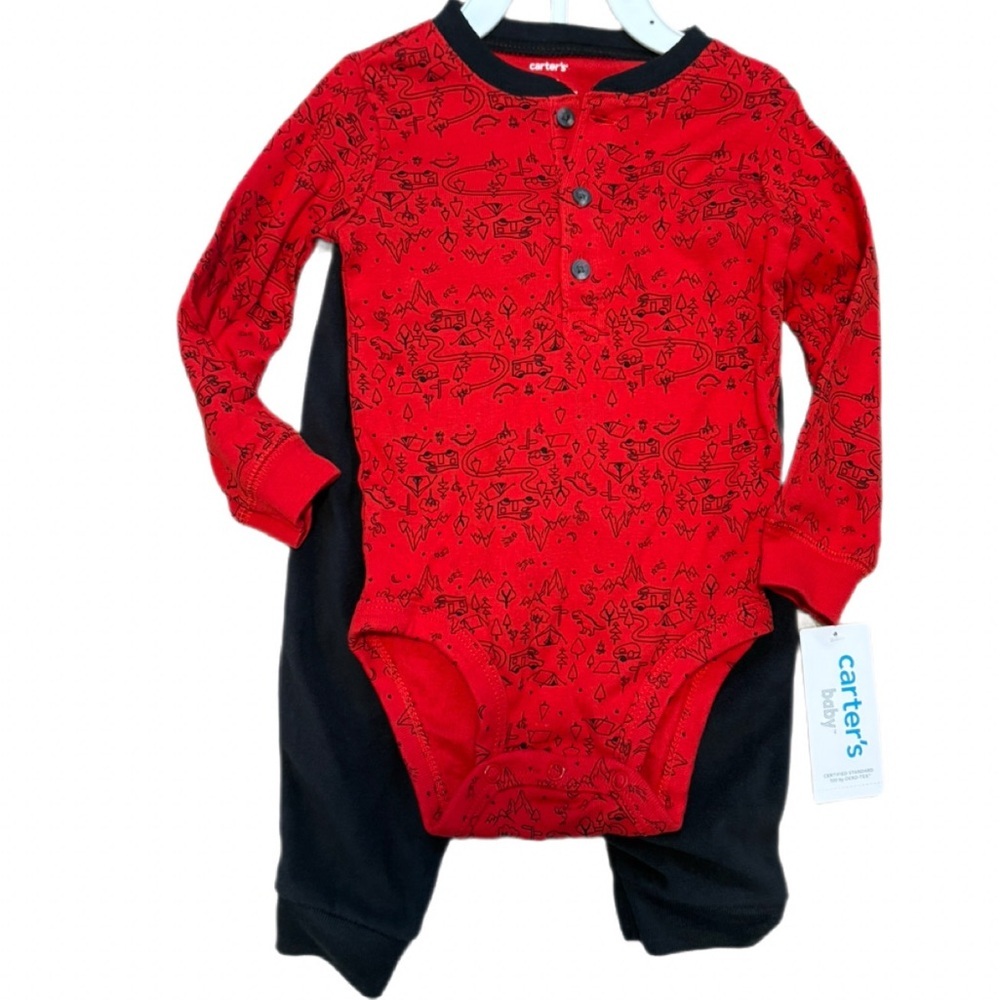 Carter’s Snap Onesie Matching Pants Ling Sleeve Red Black 12 Months Boys